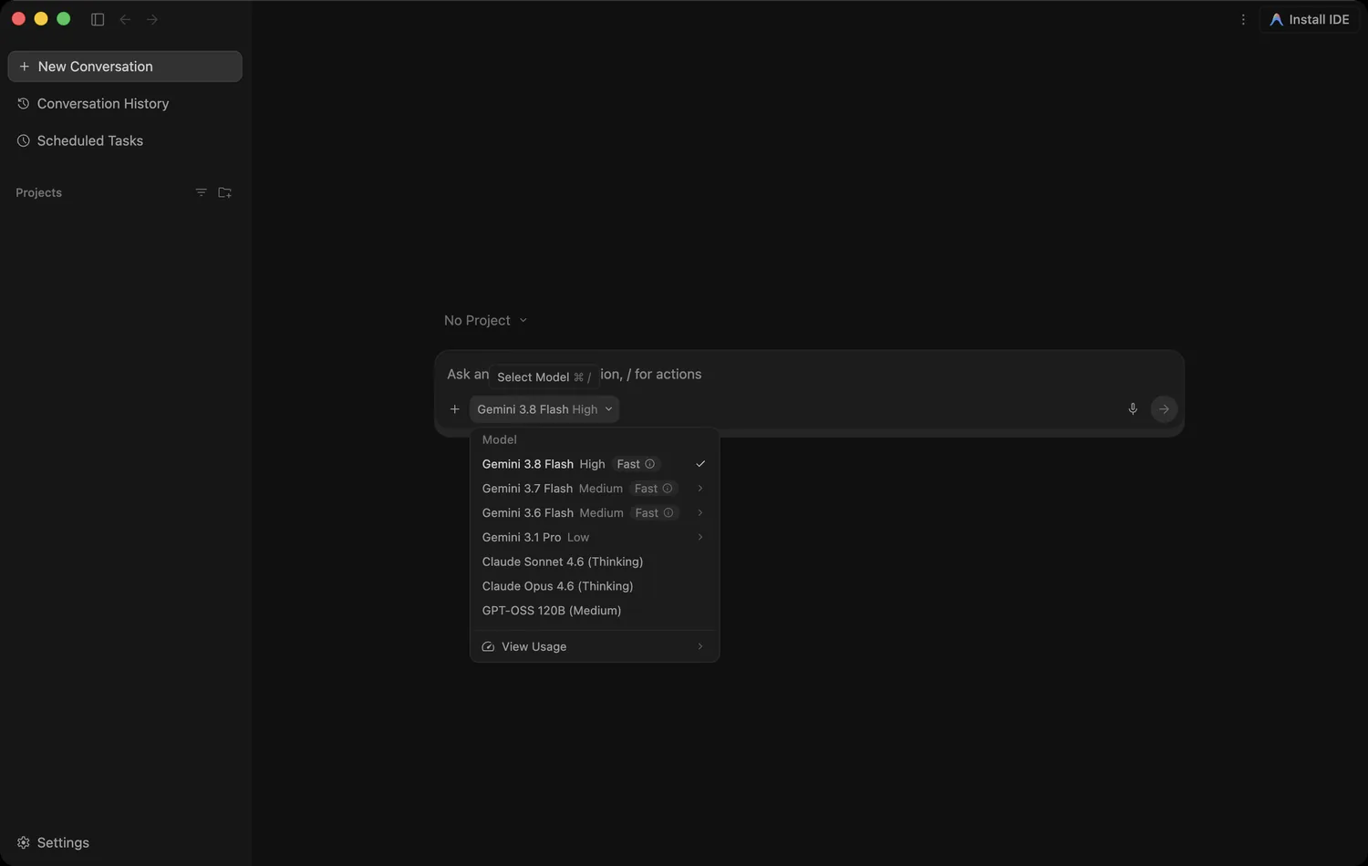 모델 선택 메뉴 — Gemini 3.8/3.7/3.6 Flash · 3.1 Pro · Claude Sonnet/Opus 4.6 · GPT-OSS 120B · View Usage