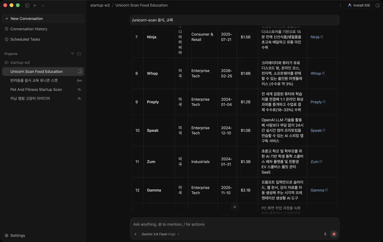 후보 표 — 유니콘 달성일은 전부 파일에서 온 값이라 지어낼 수 없습니다. 오른쪽 끝에 회사 링크가 붙습니다